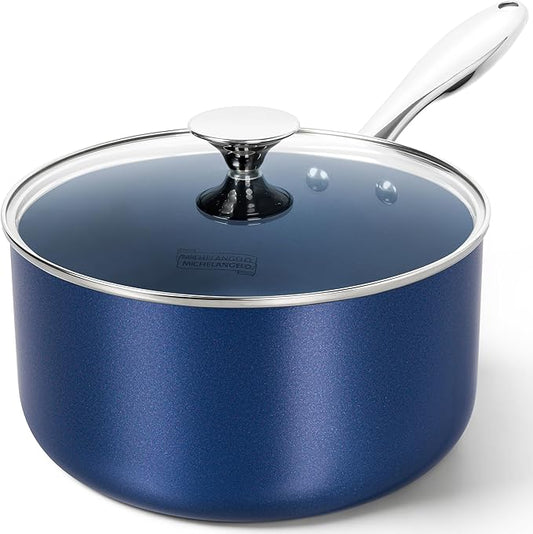 MICHELANGELO 4 Quart Saucepan with Lid, Nonstick Ceramic Sauce Pan with Stainless Steel Handle, 4 Qt Saucepan with Lid Induction Compatible, Oven Safe, Blue