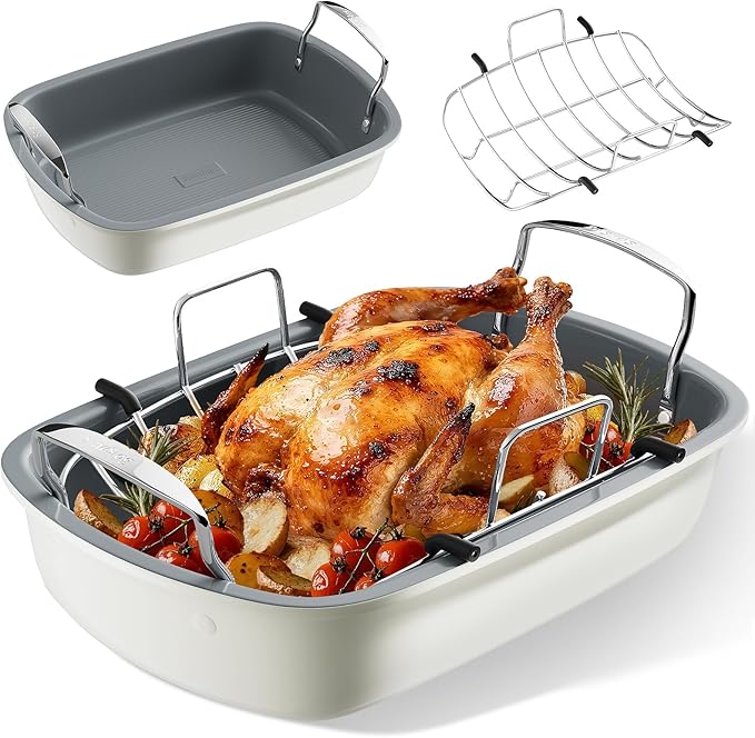 Roasting Pan, 17 Inch x 13 Inch Roaster with Removable Rack, Nonstick Roaster Pan for Roasting Turkey, Meat & Vegetables (Beige)