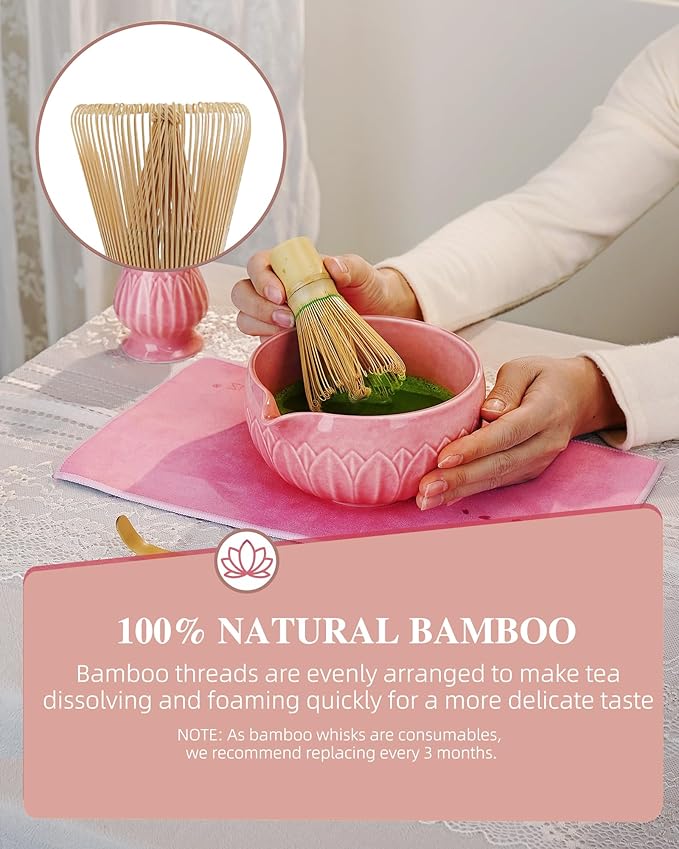 ZENS Pink Matcha Kit, 6pcs Matcha Whisk Set Includes 15oz Pink Bowl, Chasen Holder, Bamboo Whisk & Scoop, 304 Sifter & Tea Mat, Japanesse Matcha Set for Matcha Latte-Making