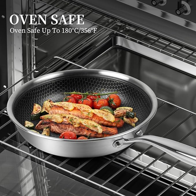 Innerwell 12 inch Tri-Ply Stainless Steel Frying Pan With Lid Large Nonstick Honeycomb Coatings Skillet for Eggs & Omelettes Non Toxic Healthy Omelette Pan Compatible W/All Cooktops