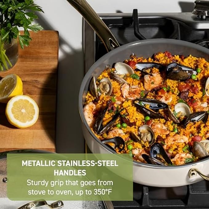 T-Fal Preserve Ceramic Nonstick Saute Pan with Lid 5.5 Qt, Oven and Broiler Safe up to 350°F Cookware, Frying Pan, Stay-Cool Handle, Skillet Pots and Pans, Beige