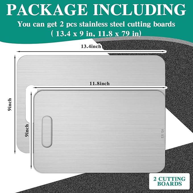 2 Pcs Stainless Steel Cutting Board for Kitchen 304 Steel Chopping Dishwasher Safe Metal Cutting Board Set for Kitchen Meat Fruit Vegetable (11.8''x7.9'',9.5''x6'')