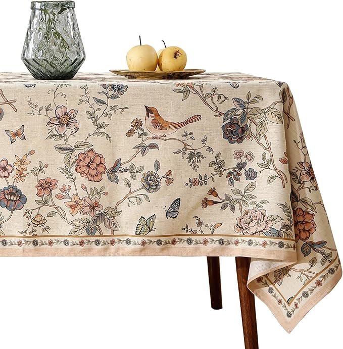 ISAENNE Designer French Light Beige Table Cloth for Rectangle Table,Linen Florals and Birds Pattern Tablecloth,Durable Decorative Tablecloths for Dining Thanksgiving Kitchen,55"*79"-Cornucopia