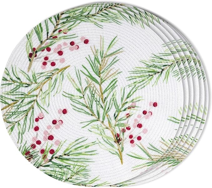 FunWheat Round Placemats Set of 6 Table Mats for Dining Tables Washable Non-Slip Place mats 15 Inch for Christmas(Christmas Tree, 6pcs)