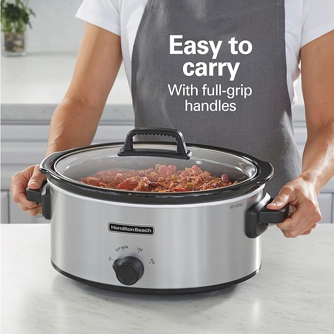 Hamilton Beach 6-Quart Slow Cooker with 3 Cooking Settings, Dishwasher-Safe Stoneware Crock & Glass Lid, Silver (33665G)