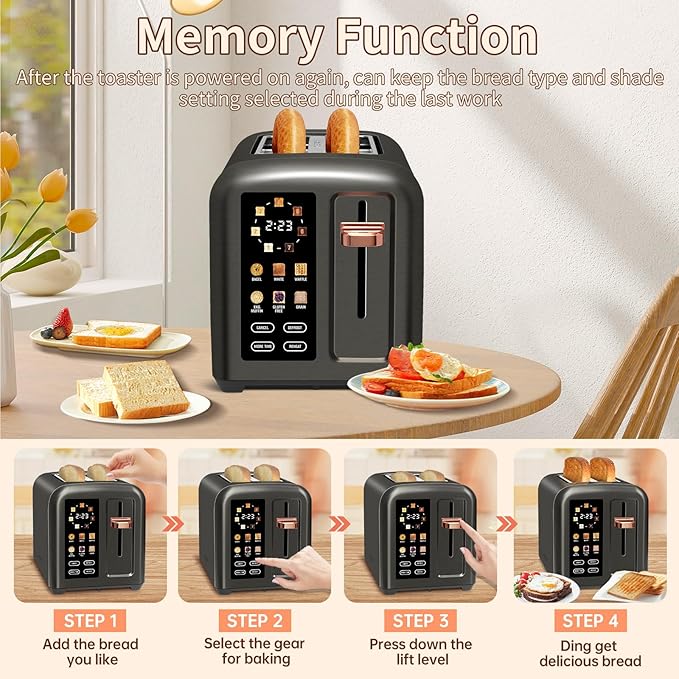 SEEDEEM Toaster 2 Slice, Touch Control Stainless Toaster LCD Display, 50% Faster Heating Speed, 1.4'' Wide Slots, More Timer Functions, Removable Crumb Tray, 1350W, Dark Metallic