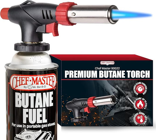Chef Master Butane Torch Lighter, Refillable Kitchen Torch, Cooking Torch, Adjustable Flame for Creme Brulee, Desserts, BBQ, Crafts, Soldering, Indoor & Outdoor Use - Butane Not Included Model 90022