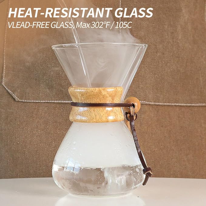Pour Over Coffee Maker 34 OZ, 10 Cup Borosilicate Glass Drip Coffee Maker with Reusable Stainless Steel Filter and Cork Grip for Home Café 1000 ML
