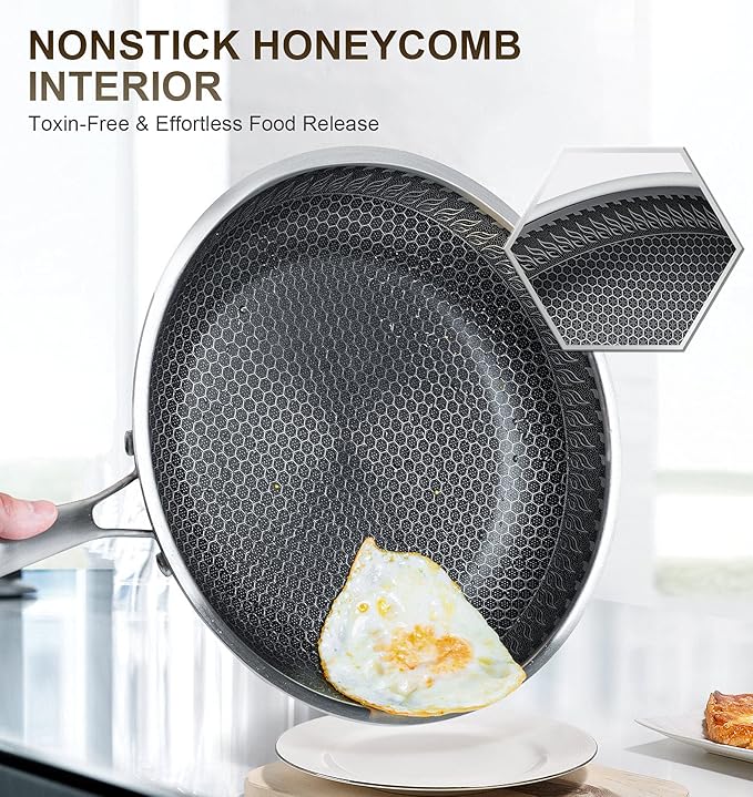 MICHELANGELO Stainless Steel Frying Pan Set with Lids, 9.5 & 11 Inch Frying Pans Nonstick, Stainless Steel Fry Pan Set, Honeycomb Pans for Cooking, Skillet with Lid - Induction Compatible