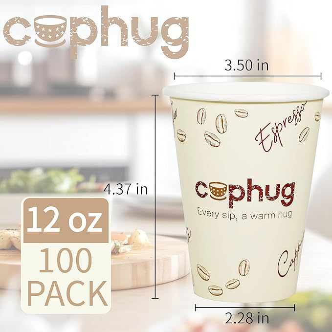 100 Pack 12 oz Coffee Cups,Disposable Hot Drink Paper Cups with Lids & Sleeves -12 Ounce Party Cups Perfect for Hot Beverages, Party, Office,and Home Use