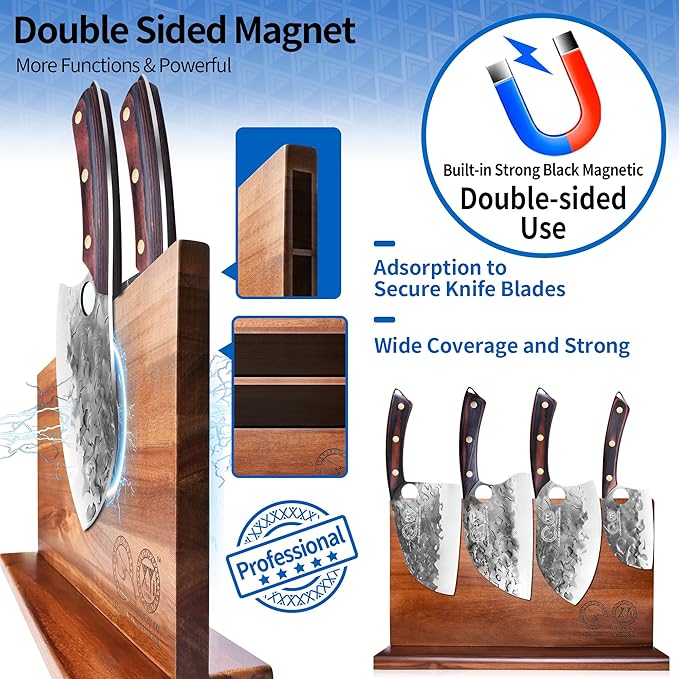 XYJ Authentic Since 1986,Kitchen Knife Block Set,High Carbon Steel Blades,Knives Set with Wooden Magnetic Knife Block,Sharpening Steel,Cutting Board,Cleaver Slicing Knife,Wood Handle
