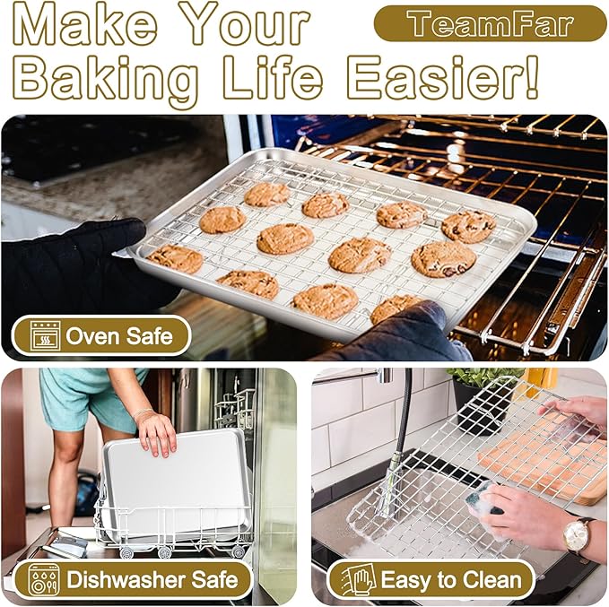 TeamFar Stainless Steel Baking Sheet with Rack Set, 16/12.5/9 Inch Cookie Sheets Baking Pans and Cooling Racks for Cooking Serving, Non-Toxic & Heavy Duty, Dishwasher Safe, 6 PCS (3 Pans + 3 Racks)