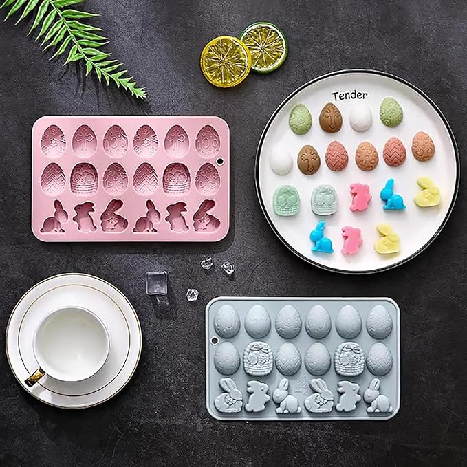 2 Pcs Egg Bunny Silicone Molds, 18-Cavity Baking Molds for DIY Cake Decoration,Chocolate, Pastry, Bread, Ice Cube, Soap, Jello, Easy Release, Reusable