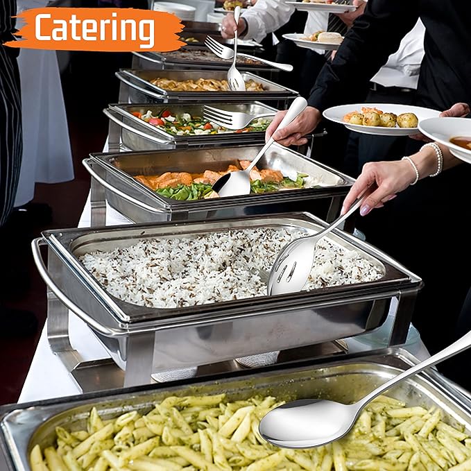E-far Large Serving Utensils Set of 8, Stainless Steel 9.8 Inch Serving Spoons Slotted Spoon, 9.9 Inch Serving Fork, 9.4 Inch Serving Tong for Buffet Catering Banquet, Mirror Finish & Dishwasher Safe