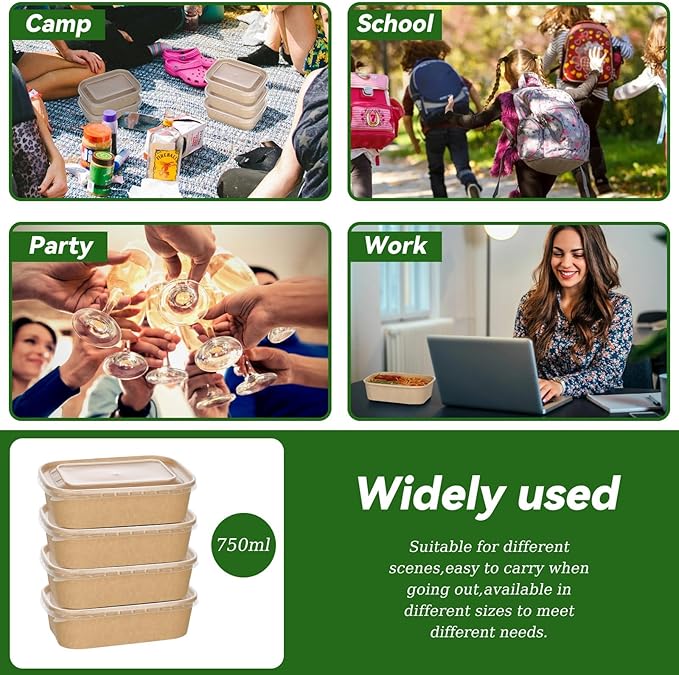DI QIU REN 50-Pack 25oz Paper Bowls, Disposable Food Containers with Lids and Forks, Rectangular Disposable Salad Bowls for Diet Salad, Pasta (kraft Paper Rectangular, 25oz 50 Count)