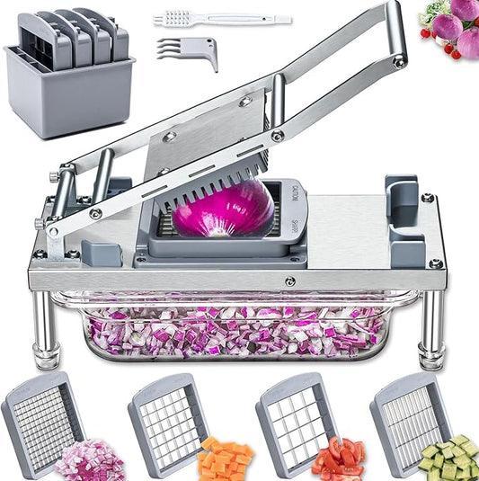 Stainless Steel Vegetable Chopper with 4 Blades - Pro Food Chopper with Container - Veggie Salad Onion Chopper - Potato Dicer - Tomato Cutter