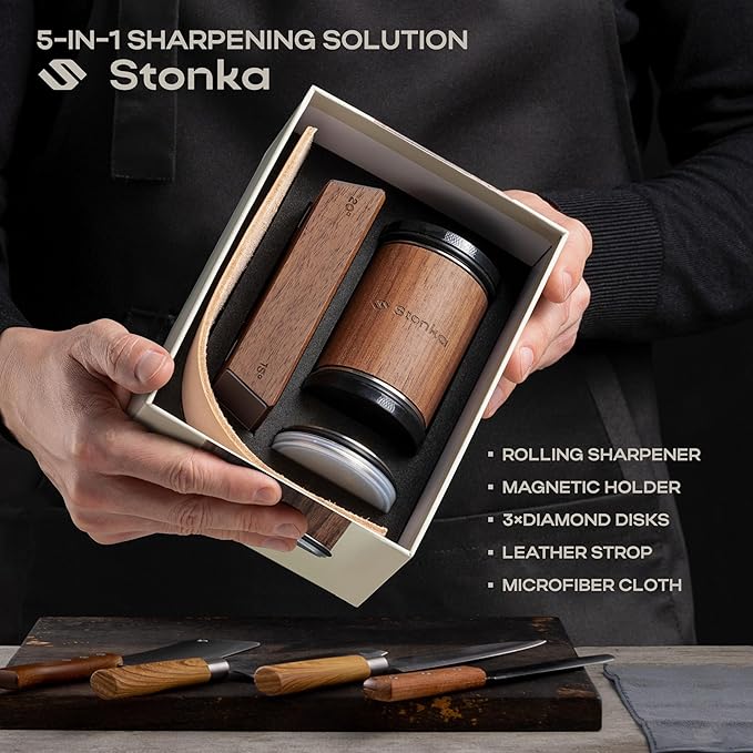 Stonka Walnut Rolling Knife Sharpener Kit – Dual-Grit Diamond Wheels Kit (400/1000), Easy to Use Knife Sharpener Roller with Magnetic Holder with 15° & 20°, Leather Strap