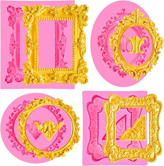 JOERSH 4PCS Baroque Frame Mold, Picture Photo Frames and Corners Silicone Fondant Mold for Cake Decorating, Cupcake Topper, Chocolate, Candy, Sugarcraft, Dessert Decor