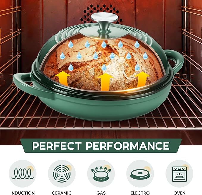 E-far Dutch Oven for Sourdough Bread Baking, 6 Qt Round Enameled Cast Iron Dutch Oven for Homemade Artisan Bread, Dome Lid & Shallow Base, Matte Black Interior & Durable, Oven-Safe to 500℉, Dark Green