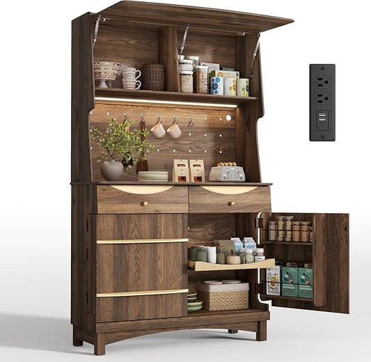 STO'SENSE 72’’ Kitchen Pantry Cabinet w/Power Outlets, Tall Storage Cabinet w/LED Light, FILP-up Door & Pegboard, Freestanding Kitchen Hutch w/Drawers, Solid Wood Handles (Walnut)