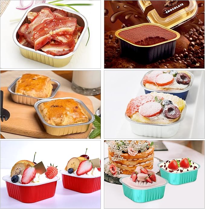 5oz/80pack Mini Cake Pans with Lids,LNYZQUS Foil Cupcake Cups Small Brownie Baking Tins,Square Disposable Ramekins Mini Cheesecake Containers Muffin Holders-White