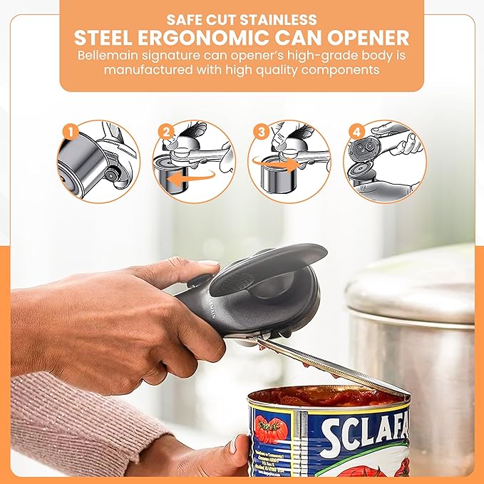 Bellemain Stainless Steel Can Opener – Manual Can Opener For seniors - Ergonomic Smooth edge Can Opener Hand Held Heavy Duty – Easy to use can opener safe cut