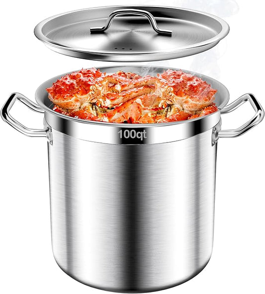 Stainless Steel Stock Pot,100 QT Large Stock Pot with Lid, Heavy Duty Tri-Ply Bottom Commercial Grade Stock Pots for Boiling Cooking Soup Stew Thick Bottom Deep Cookware Big Stockpots