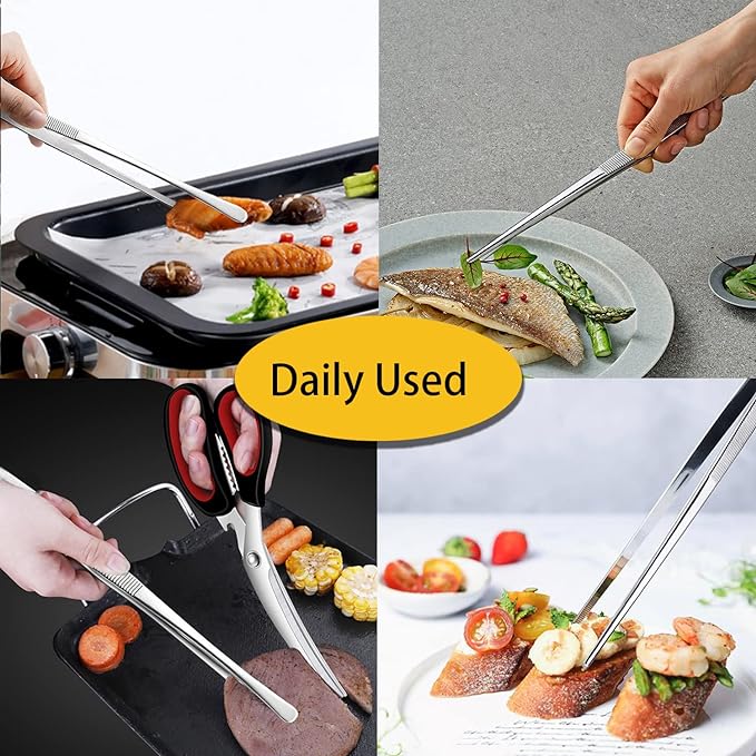 JETKONG 2 Pcs 12-Inch Kitchen Tweezers Fine Tweezer Tongs, Extra-Long Stainless Steel Cooking Tweezers (Silver)