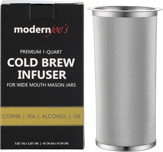 MODERNJOE'S Premium Infuser Cold Brew Coffee Maker for 1 Quart Wide Mouth Mason Jars. Cold Brew Coffee Filter. Iced Coffee and Tea. Heavy Duty Gauge 100 Micron Mesh 304 Stainless Steel