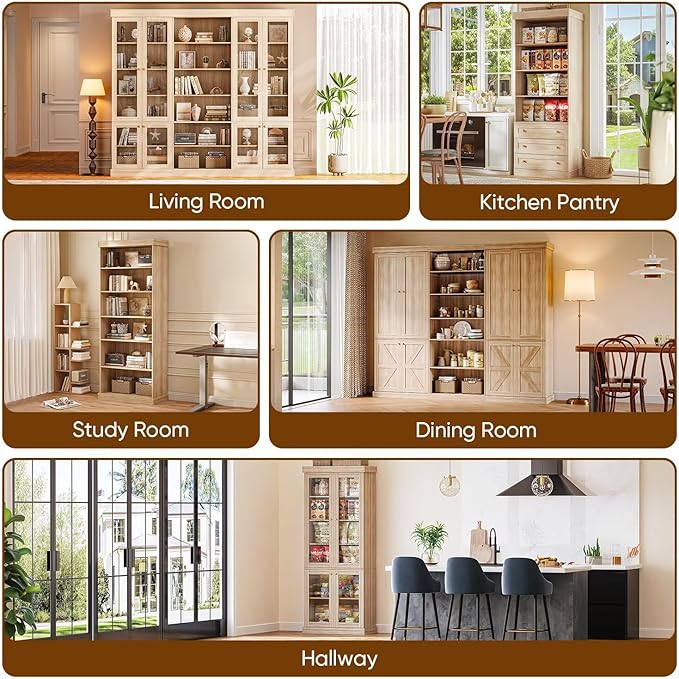 70.8" Bookshelf with Glass Doors, Farmhouse Modular Bookcase with 6-Tier Adjustable Shelves, Large Storage Cabinet for Living Room & Home Office, Set of 2, Brown
