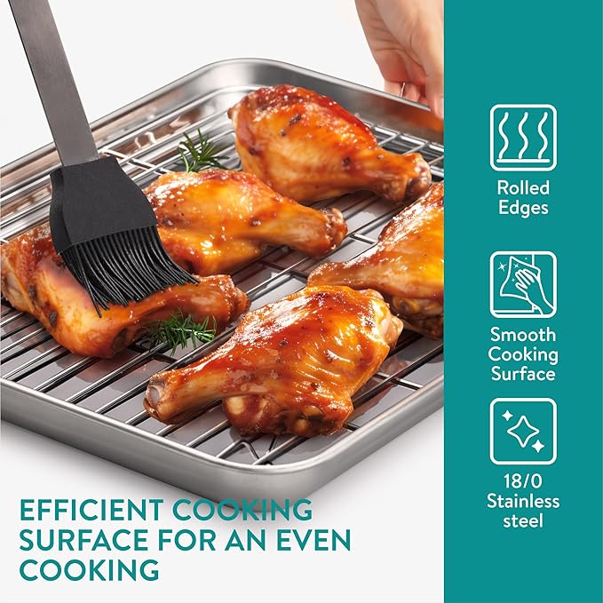Navaris Baking Sheet Set - 2 Quarter Sheet Pans and Rack 12.2" x 9.6" x 1" (31 x 24.5 x 2.5cm) - 1 Half Sheet Tray and Rack 15.7" x 11.8" x 1" (40 x 30 x 2.5cm)