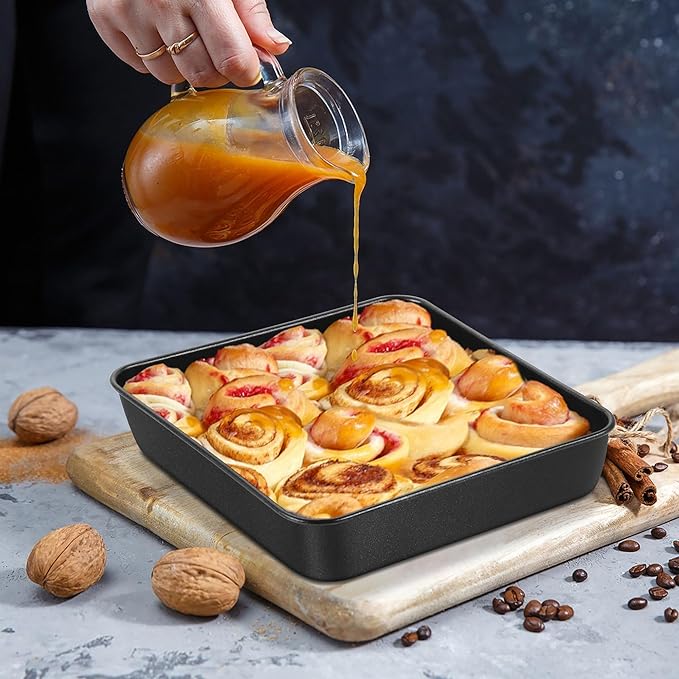 E-far 9x9 Baking Pan, Nonstick Square Cake Pan with Stainless Steel Core, Black Metal Bakeware for Brownies Lasagna Cakes, Non-toxic & Easy Clean, 2 Inch Deep