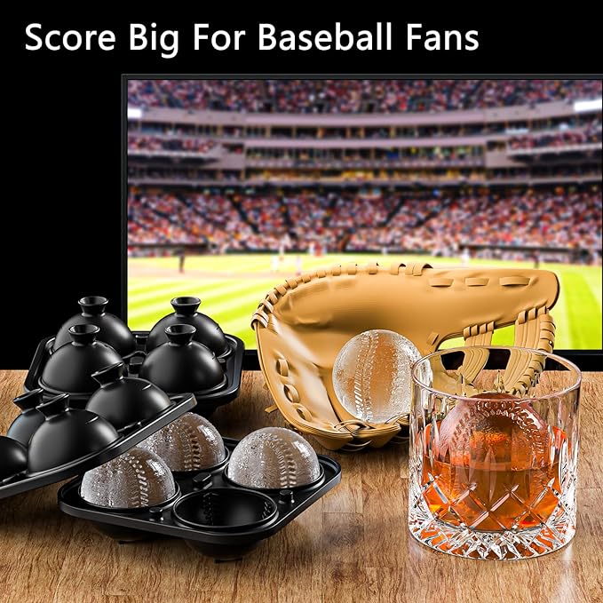 Bangp Baseball Ice Cube Molds,Novelty Baseball Gifts Ball Ice Maker Mold,2.2" Large Sphere Round Ice Cube Mold,Fun Shapes Large Whiskey Ice Cube Tray for Cocktails,Bourbon
