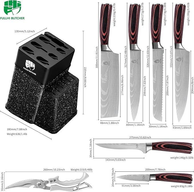 FULLHI 8pcs block Knife Set,chef's Knves Set with Block and Sharpener, Kitchen Knife Set,Multi-colour Handle, Gifts for Men Women
