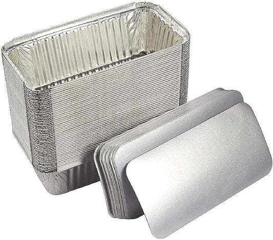 Juvale 50 Pack Aluminum Foil 2 lb Disposable Loaf Pans With Lids for Baking Bread, Heating, Storing Food (32oz, 8.5 x 4.5 In)