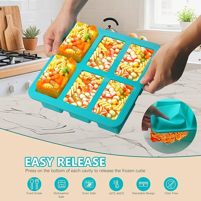 Silicone Freezer Tray With Lid - Soup Freezer Container molds - Large Ice Cube Tray- makes 12 perfect 1 cup portions cubes, 2-Pack Freezer Storage Food Soups & Meal Prep (Aqua 2 Pack)