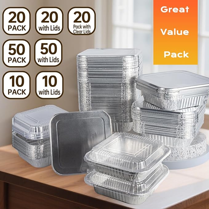 Aluminum Pans 8x8-50 Pack Disposable Baking Pans, 8 Inch Square Tin Foil Pans, Heavy Duty Aluminum Roasting Trays for Baking, Cooking, Heating, Storing, Prepping Food
