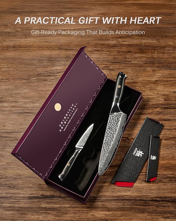 KYOKU Knife Set, 2pc Japanese Kitchen Knife Set for Cooking, 8" Chef 3.6" Paring Knife with Sheath Gift Box, Professional Sharp Damascus Stainless Steel Knives for Meat Vegetable Fruit