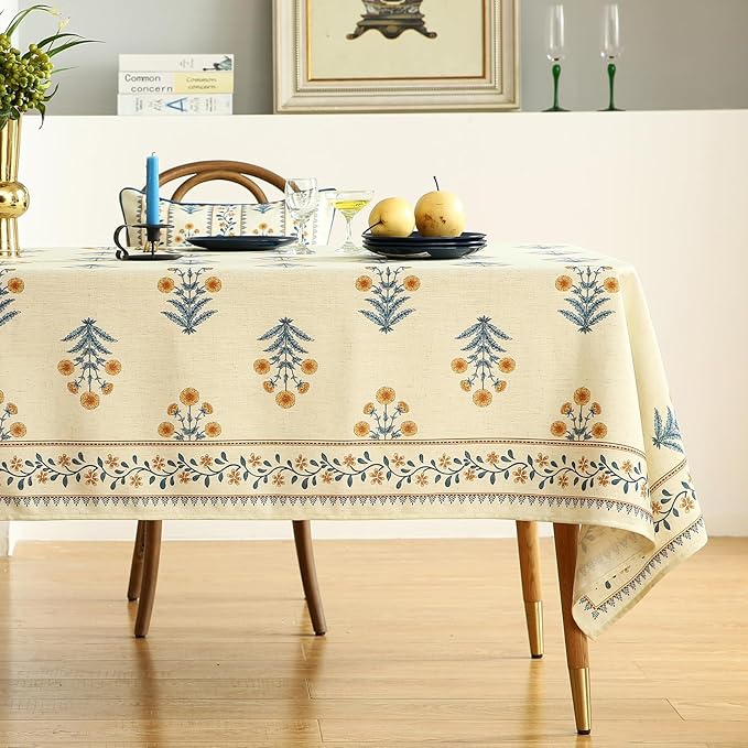ISAENNE Designer French Pale Yellow Extra Long Rectangle Table Cloth,Linen Floral Tablecloth,Wrinkle Resistant Decor Tablecloths for Dining Thanksgiving Banquet Kitchen Party,67"*118"-Estevan A