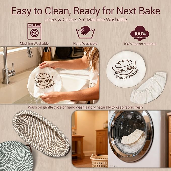 Banneton Bread Basket, 9" Round and 10" Oval Bread Proofing Basket Set with Cotton Liners and Covers, Bread Basket Proofing Bowl Ideal for Sourdough Starter and Artisan Loaf Baking