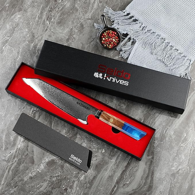 Seido Knives Kiritsuke Damascus Steel Chef Knife Epoxy Resin Stabilized Wood Handle Professional Kitchen Knife VG10 High Carbon Stainless Steel, Sapphire Blue