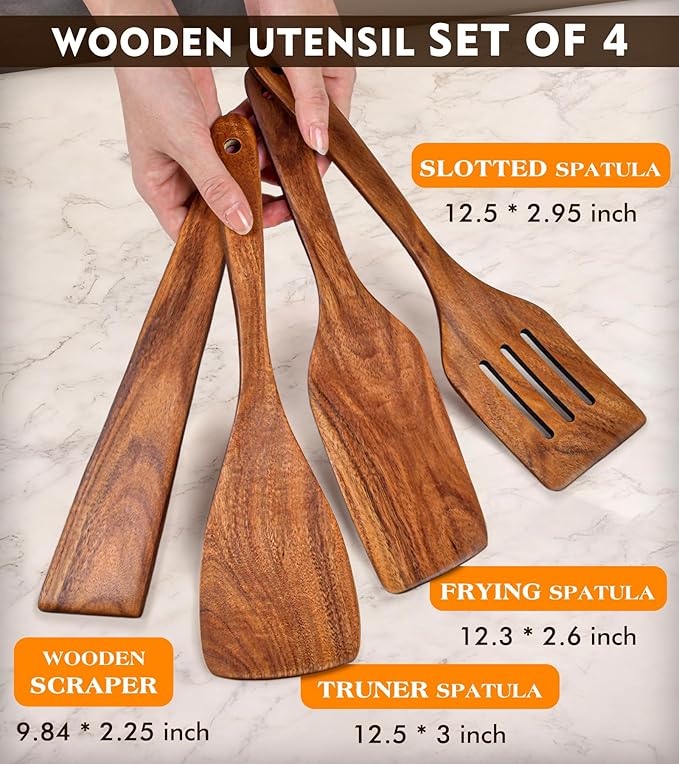 4Pcs Wooden Spatula for Cooking, Acacia Wooden Spatula for Kitchen Use, Nonstick Cookware Safe Utensils Set including Turner, Slotted Turner, Paddle and Scraper, Ideal Cooking Utensils Gift Set