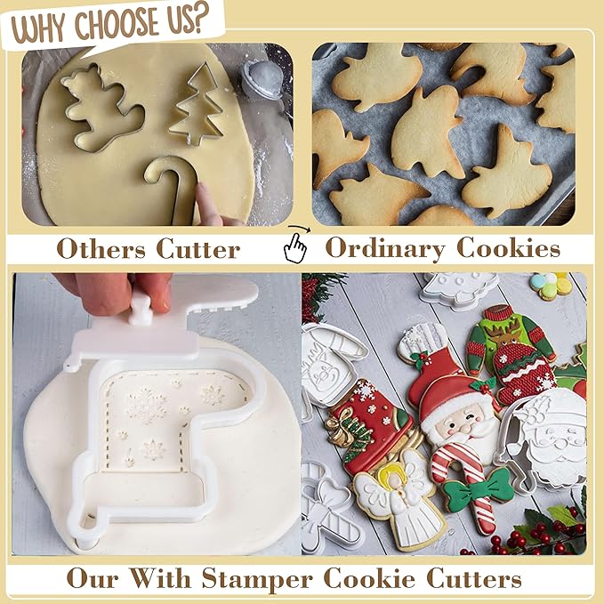 Flycalf Christmas Cookie Cutters for Holiday Baking, with 3D Stamper Reindeer Shapes 3“ Eco-Friendly PLA Kitchen Cake Decorating Birthday Gifts Party Pastry Mold Supplies Biscuit Fondant Tools,3''
