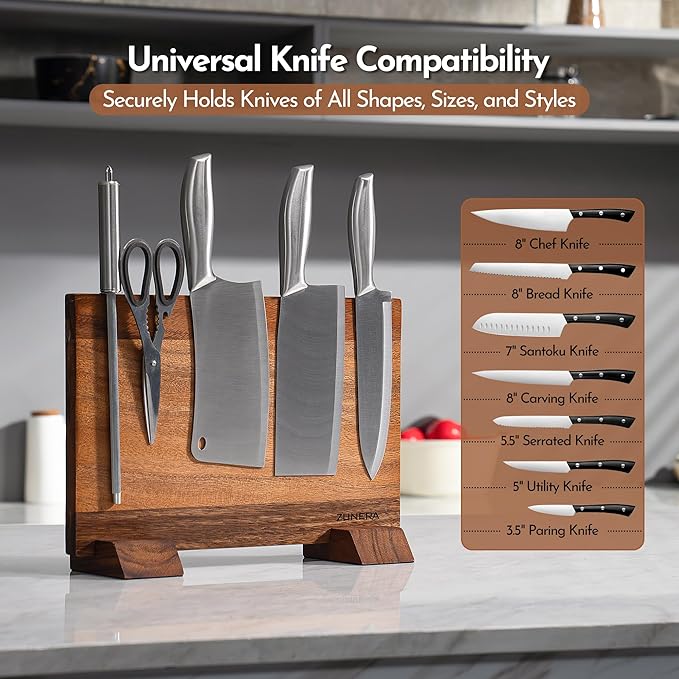 Double-Sided Magnetic Knife Block – 13.8.5 x 9.1 Inch Walnut Wood Knife Holder with 24 Powerful Magnets, Universal Knife Storage Stand with Non-Slip Base & Sharpening Rod