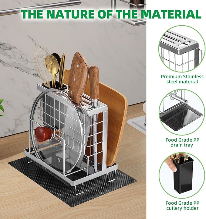 Knife Block Holder, Kitchen Knife Holder Storage Organizer，Utensil & Cutlery Caddy, Cutting Board Holder, Pot Lid Stand with Anti-Slip Pad for Countertop, Space-Saving (Silver)