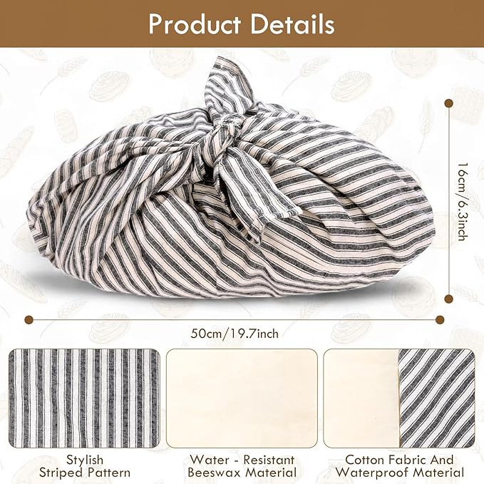 yeload 2 Pack Beeswax Bread Bags, Striped Linen Bento Bags, 14" Cotton Loaf Bag, Reusable Organic Food Storage, Sourdough Bag, Rustic Farmhouse Azuma Bukuro Origami Wrap for Baked Gifts (Caffe, 2)