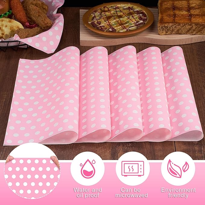 Fulmoon 300 Sheets Waxed Deli Paper Sheets for Food 12 x 12 Inch Polka Dot Dry Wax Paper Greaseproof Food Basket Liners Sandwich Wraps for Wrapping Bread Baking BBQ Picnic Party (Pink)
