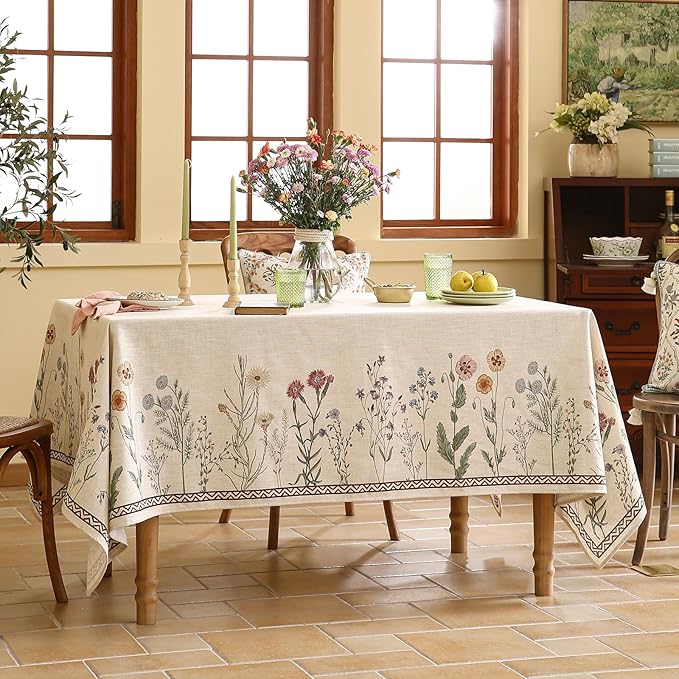ISAENNE Designer Off White Linen Table Cloth for Rectangle Table,Floral Elegant Tablecloth,Stain Resistant Vintage Decor Tablecloths for Dining Thanksgiving Kitchen,55"*79"-Serenity G