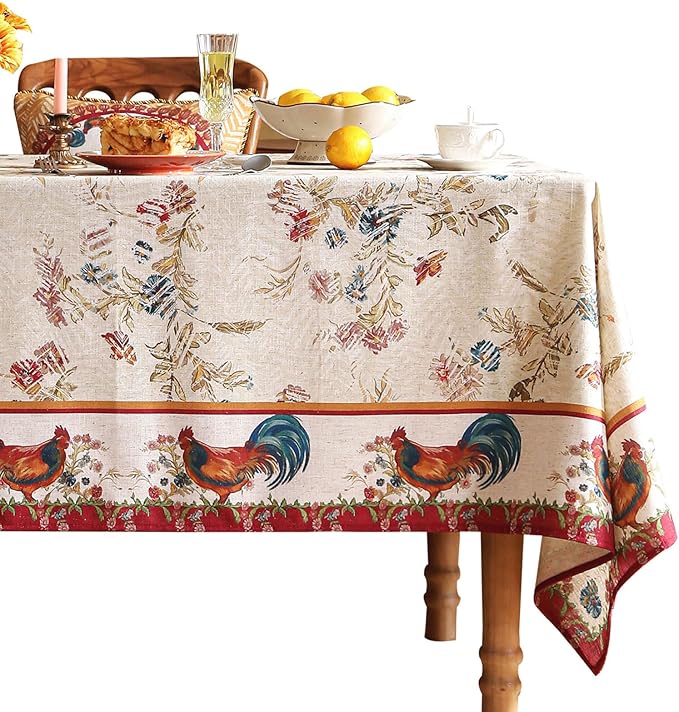 patdrea Designer Linen Red Long Rectangle Tablecloth,Vintage French Animals Pattern Tablecloths,Decoration Floral Table Cover for Kitchen Dining Christmas,Party,Thanksgiving,63"x94"-Townlife E