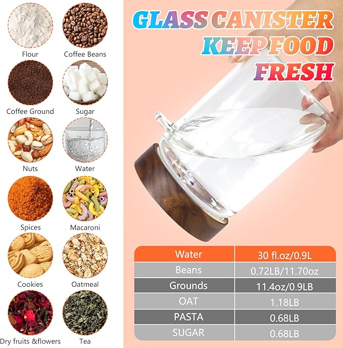 Glass Food Storage Jar with Lids Spoon Glass Coffee Canister Borosilicate Glass Food Containers for Ground Coffee Beans Nut Pasta Sugar Candy Spice Rice Tea (900ml/30oz-1 pack-with spoon)